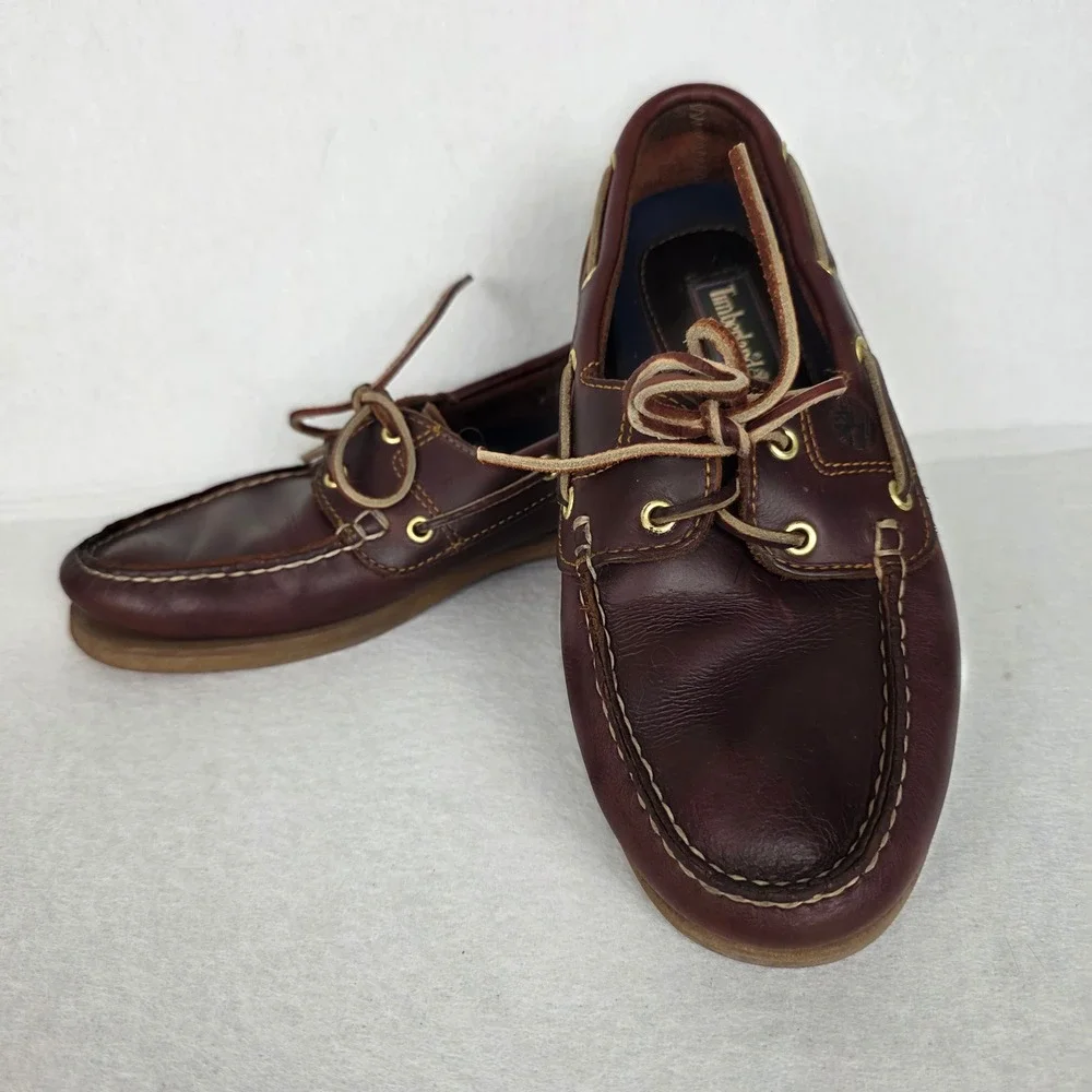 Timberland Mens Burgundy Brown Leather Boat Shoes Classic Moc Toe Loafers 8M